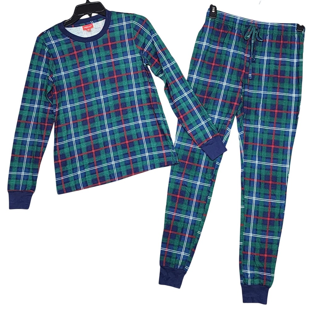 Holiday Lane Pajama Set XS Green Blue Plaid 100% Cotton Long Sleeve Cozy